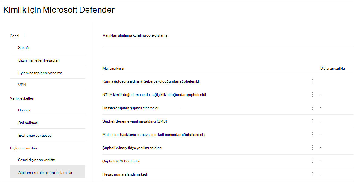 Algılama kuralına göre dışlamalar seçeneğinin ekran görüntüsü.