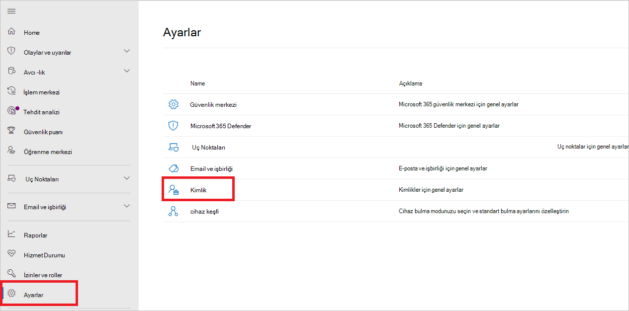Microsoft Defender portalındaki kimlik ayarları sayfasını gösteren ekran görüntüsü.