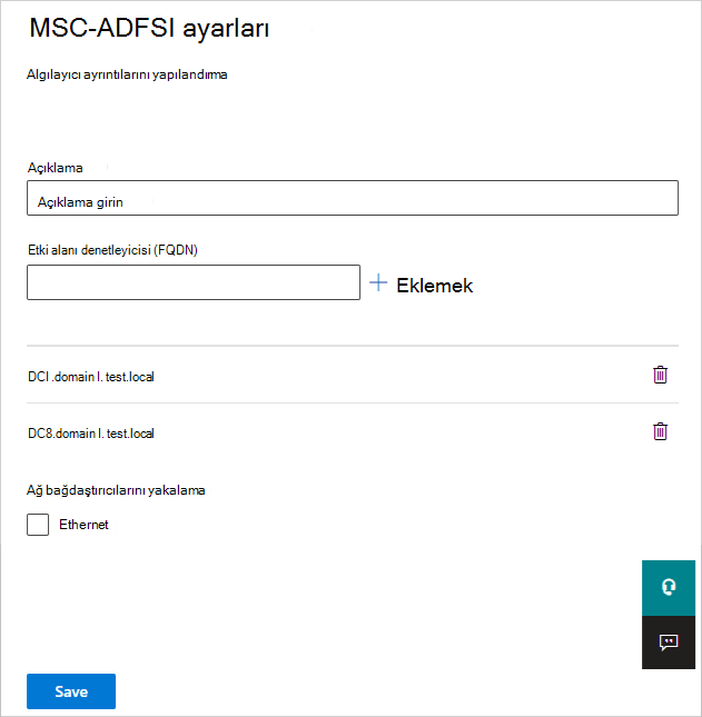 Kimlik için Defender'da Active Directory Federasyon Hizmetleri (AD FS) algılayıcı çözümleyicisini yapılandırmaya yönelik seçimlerin ekran görüntüsü.