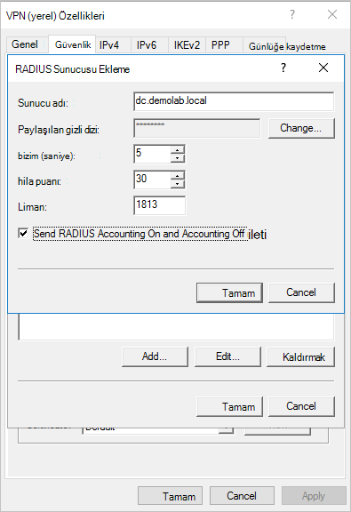 RADIUS Hesabı Açık ve Hesap Dışı İletileri Gönder düğmesinin ekran görüntüsü.