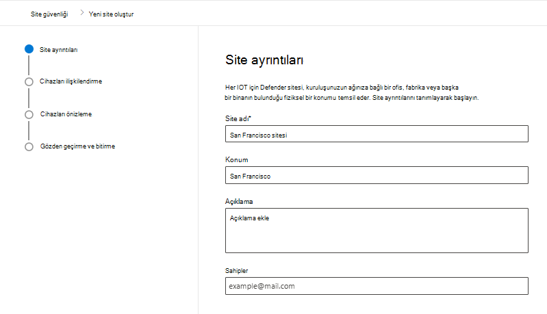 Microsoft Defender portalındaki IoT için Microsoft Defender Site güvenliği sayfasında yeni site oluşturma ayrıntılarını gösteren ekran görüntüsü.