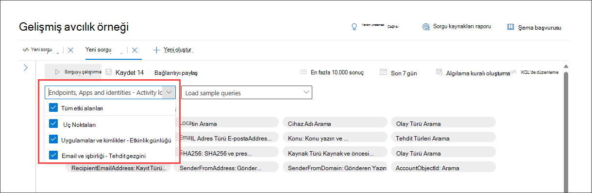 Tehdit avcılığı kapsamını seçmek için veri etki alanı açılır listesinin açık olduğu rehberli mod sorgu oluşturucusunun ekran görüntüsü