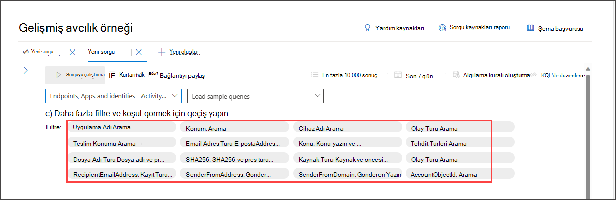 Sorgu tanımlamak için kullanılabilen varsayılan temel filtreleri gösteren kılavuzlu mod sorgu oluşturucusunun ekran görüntüsü