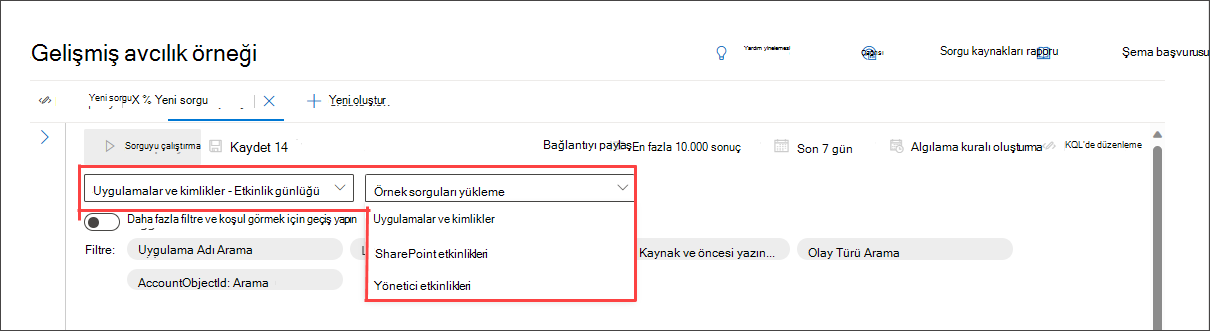 Daha önce seçilen etki alanıyla eşleşecek şekilde filtrelenmiş örnek sorguları gösteren kılavuzlu mod sorgu oluşturucusunun ekran görüntüsü