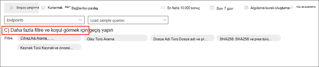 Rehberli mod sorgu oluşturucunun ekran görüntüsü, ek filtreler ve koşulları etkinleştirmek için geçiş seçeneğini gösteriyor