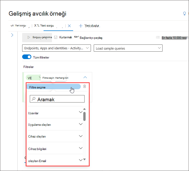 Sorgu koşulu olarak eklenecek alanı seçmeye yönelik filtre seçim listesini gösteren kılavuzlu mod sorgu oluşturucusunun ekran görüntüsü