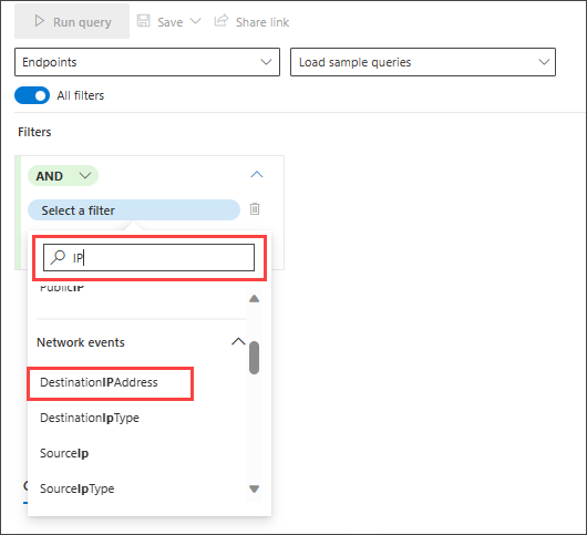 Arama kutusuna ip yazdıktan sonra belirli bir IP adresine bağlantı aradıktan sonra IP-ile ilgili filtre önerilerini gösteren rehberli mod sorgu oluşturucunun ekran görüntüsü