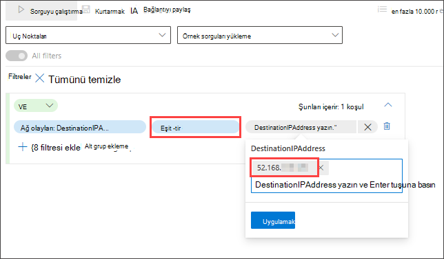 Yönlendirilmiş mod sorgu oluşturucusunun ekran görüntüsü, DestinationIPAddress ile belirlenen IP adresine eşit koşul ayarlısı
