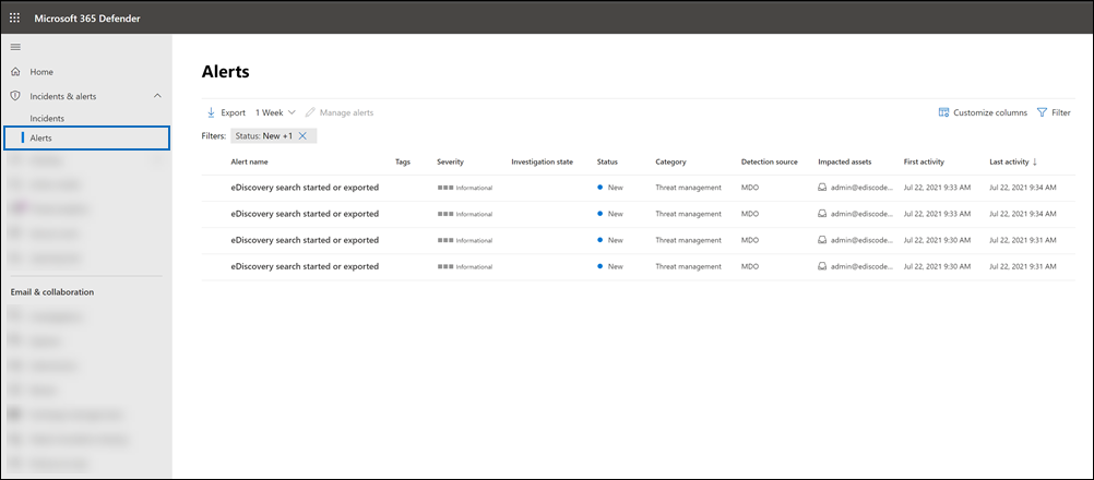 Microsoft Defender portalında Olaylar & uyarılar'ı ve ardından Uyarılar'ı seçin.