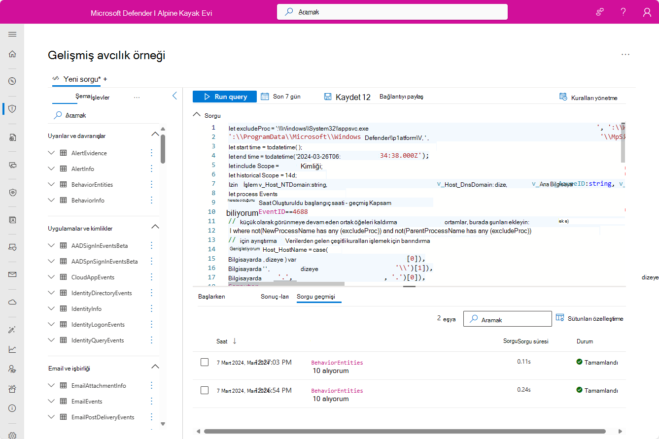 İçgörü sorgusuyla Gelişmiş tehdit avcılığı ekranının ekran görüntüsü.