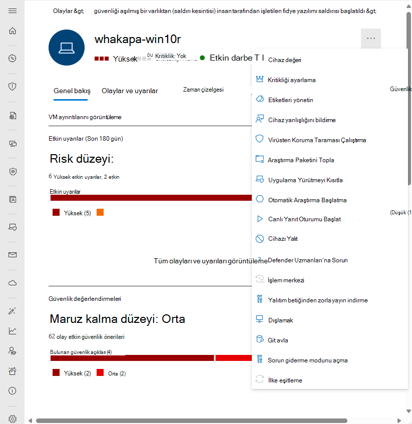 Microsoft Defender portalındaki cihaz varlığı sayfasının Eylem çubuğunun ekran görüntüsü.