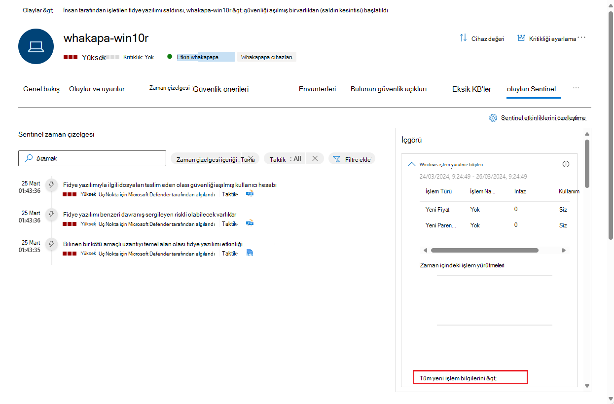 Kullanıcı varlığı sayfasındaki Sentinel olayları sekmesinin ekran görüntüsü.