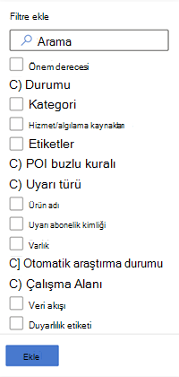 Microsoft Defender portalındaki Uyarılar kuyruğunda bulunan tüm filtreler