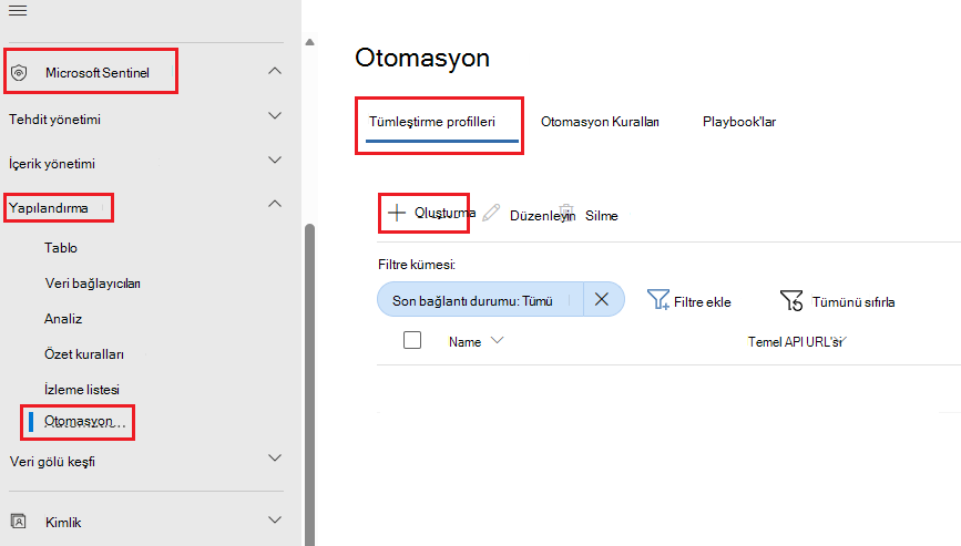 Otomasyon sayfasındaki Tümleştirmeler profili sekmesinin, Oluştur düğmesinin vurgulandığı ekran görüntüsü.