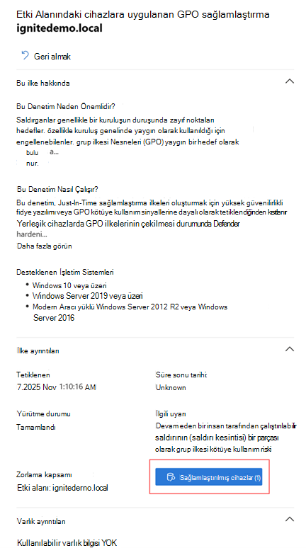 Tahmine dayalı koruma eylemiyle sağlamlaştırılmış cihaz sayısını gösteren etkinlik ayrıntıları bölmesinin ekran görüntüsü.