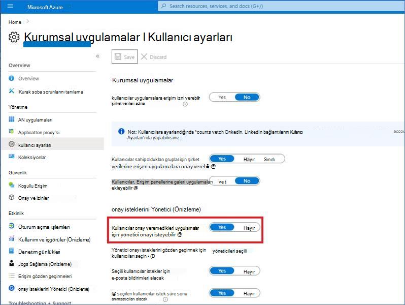 Kurumsal uygulamalar kullanıcı ayarları.