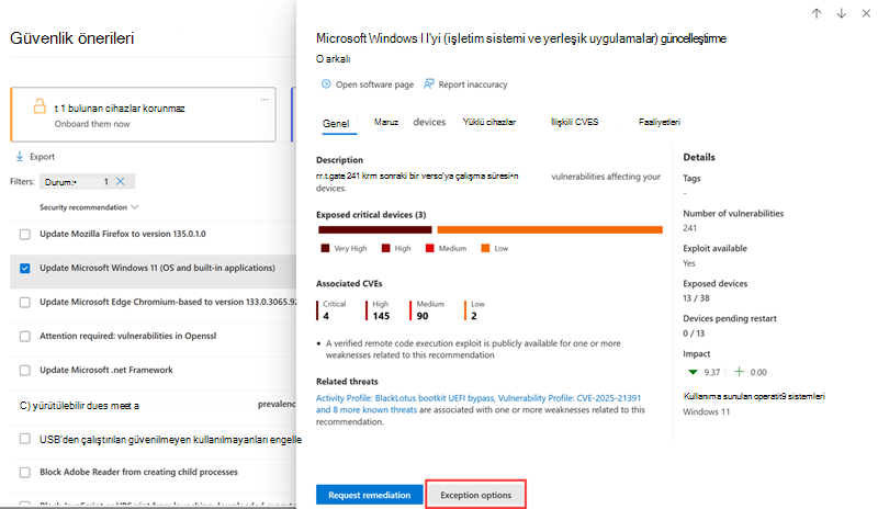 Özel durum seçeneklerinin güvenlik önerisi açılır öğesinde nerede bulunduğunu gösterir.