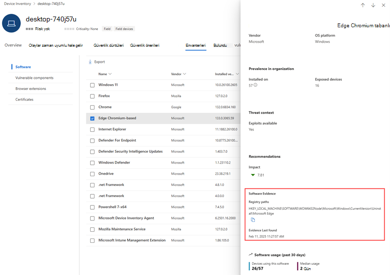 Cihaz sayfasında görüldüğü gibi kanıt kayıt defteri yolunu gösteren Microsoft Edge yazılım kanıtı örneği