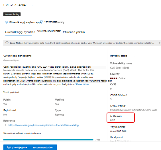 Zayıflıklar epss puanının ekran görüntüsü.