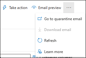 Email varlık sayfasının üst kısmındaki kullanılabilir eylemlerin ekran görüntüsü.