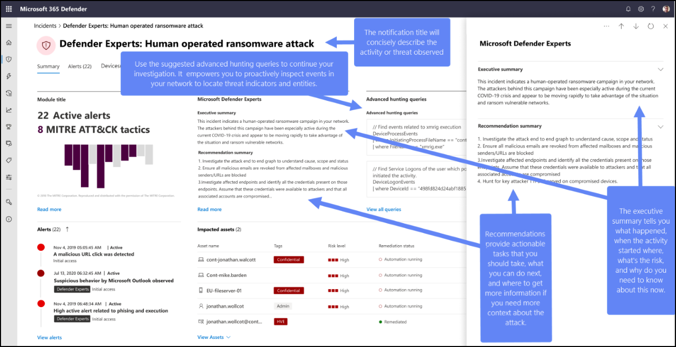 Microsoft Defender XDR'de Defender Uzmanlar Bildirimi'nin ekran görüntüsü. Defender Uzman Bildirimi, gözlemlenen tehdidi veya etkinliği, yönetici özetini ve öneri listesini açıklayan bir başlık içerir.