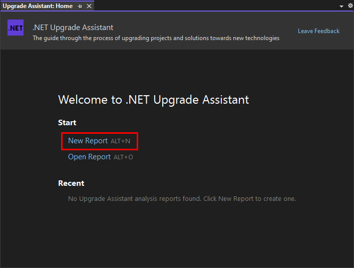 Visual Studio'da .NET Yükseltme Yardımcısı Çözümle sihirbazının hoş geldiniz sayfası. 'Yeni Rapor' bağlantısı vurgulanır.