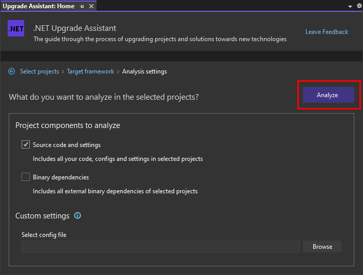Visual Studio'da .NET Yükseltme Yardımcısı Çözümle sihirbazının 'Çözümleme ayarları' sayfası. 'Kaynak kodu ve ayarlar' seçeneği belirlenir. 'İleri' düğmesi vurgulanır.
