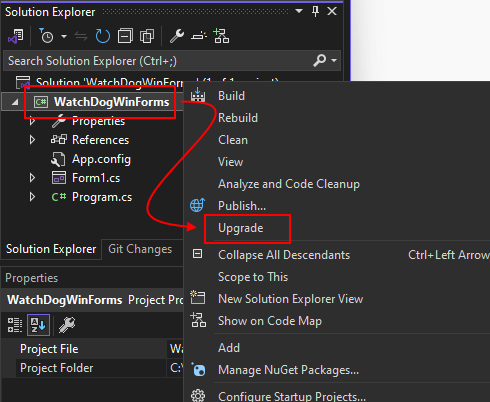Visual Studio'da bir projenin sağ tıklama menüsünü gösteren Çözüm Gezgini penceresi. Yükselt menü öğesi vurgulanır.