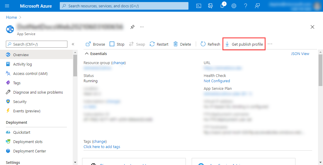 Azure Portal, App Service kaynağı: Yayımlama profilini al