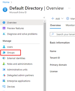 Microsoft Entra Id Default Directory sayfasının sol tarafındaki menüde Gruplar menü öğesinin konumunu gösteren ekran görüntüsü.