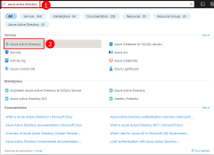 Azure Active Directory sayfasını aramak ve bu sayfaya gitmek için Azure portalındaki üst arama çubuğunun nasıl kullanılacağını gösteren ekran görüntüsü.