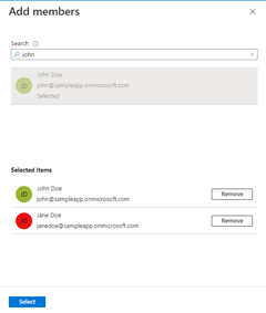 Gruba dahil edilecek uygulama hizmeti sorumlularının nasıl seçileceği gösteren Üye ekle iletişim kutusunun ekran görüntüsü.