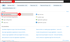 A screenshot showing how to use the top search bar in the Azure portal to find and navigate to the App registrations page.