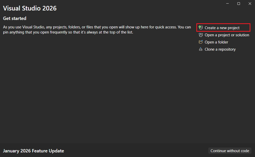  Visual Studio başlangıç sayfasında seçili yeni proje oluştur düğmesi