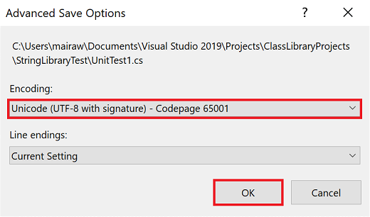 Visual Studio Gelişmiş Kaydetme Seçenekleri iletişim kutusu