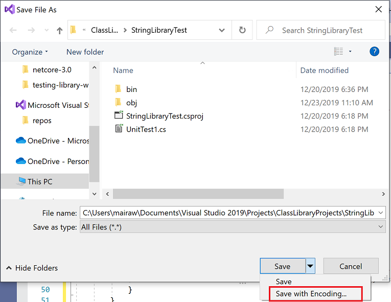 Visual Studio Dosyayı Farklı Kaydet iletişim kutusu