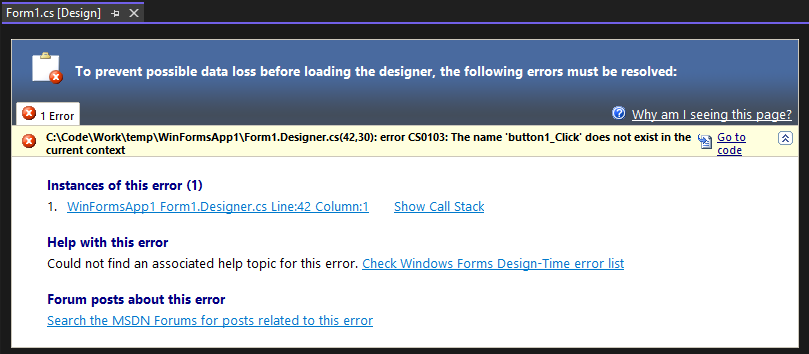 Visual Studio'da bir düğmenin olayının eksik olduğunu belirten bir tasarımcı hata sekmesi.