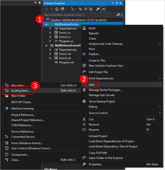 Mevcut formu Windows Forms projesine eklemek için çözüm gezginine sağ tıklayın