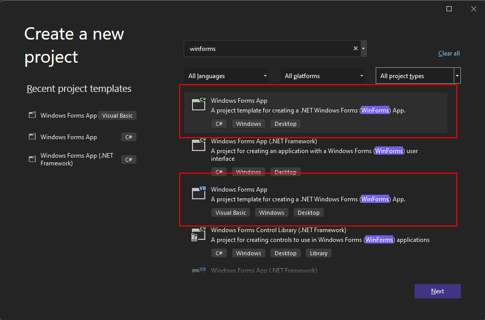 .NET için Visual Studio 2022'de Windows Forms şablonunu arayın.