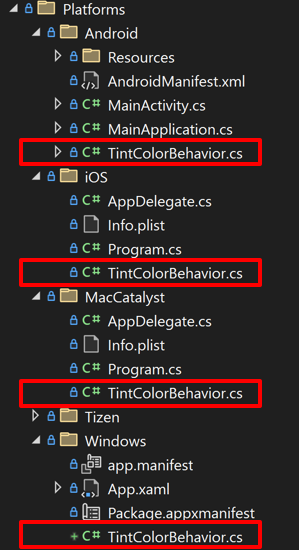 Screenshot of the native partial classes for a platform behavior.