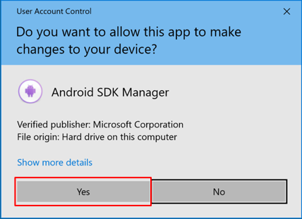 Android SDK lisans kullanıcı hesabı denetimi iletişim kutusu.