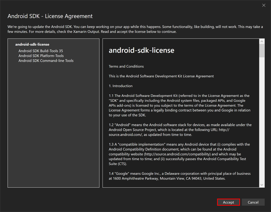 İlk Android SDK Lisans Sözleşmesi penceresi.