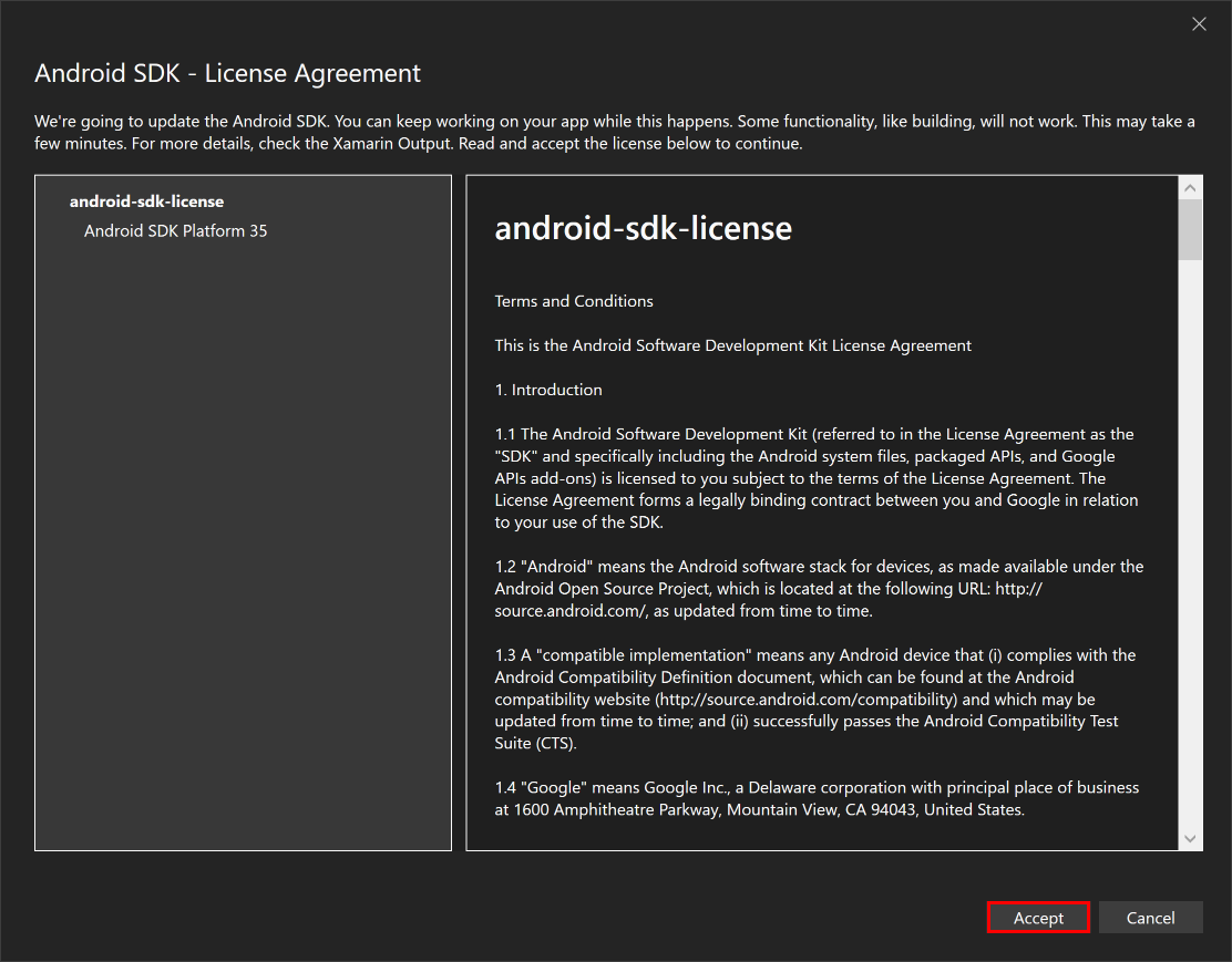 Üçüncü Android SDK Lisans Sözleşmesi penceresi.