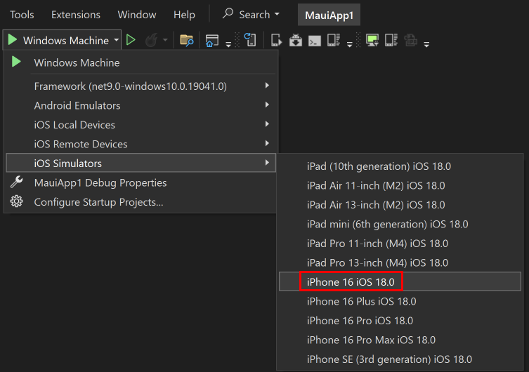 Visual Studio iOS simülatörleri hedeflerde hata ayıklar.