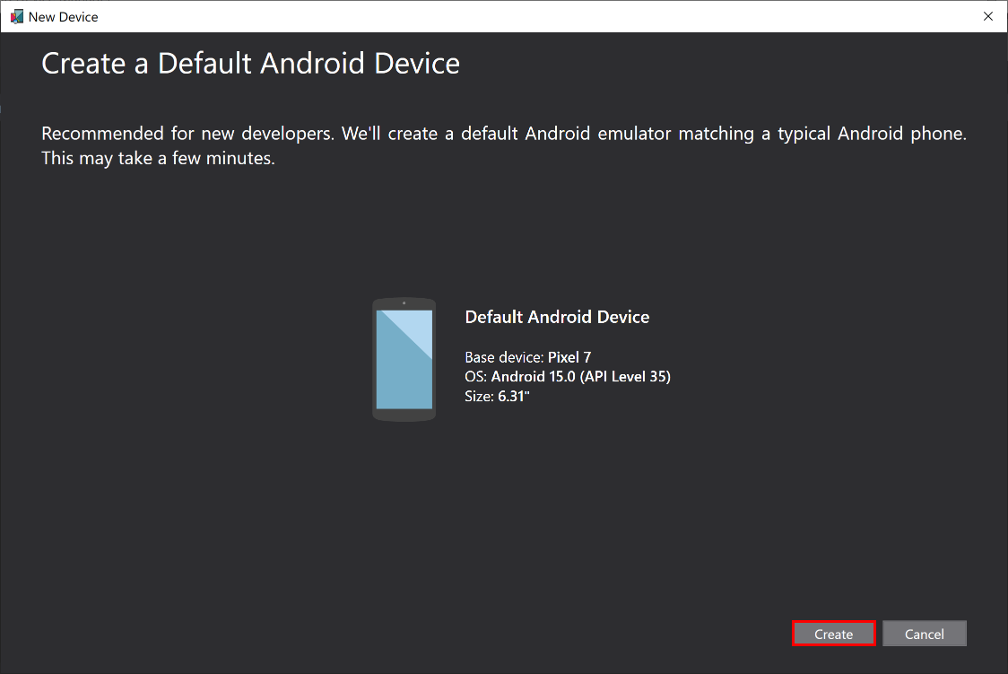Yeni Android Cihazı penceresi.