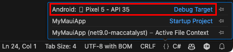 Visual Studio Code'da bir Android öykünücüsü için ayarlanmış hata ayıklama hedefinin ekran görüntüsü.