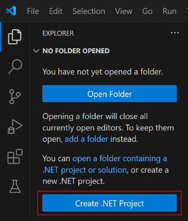 Visual Studio Code'da yeni proje oluştur düğmesinin ekran görüntüsü.