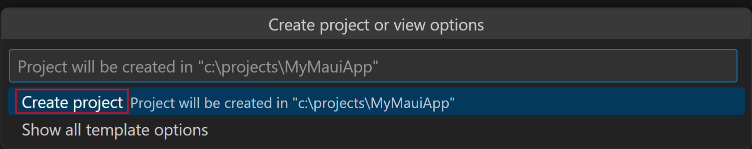 Visual Studio Code'daki komut paletinde yeni proje oluşturma ekran görüntüsü.