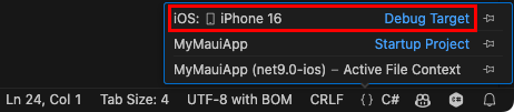 Visual Studio Code'da iOS simülatörüne ayarlanmış hata ayıklama hedefinin ekran görüntüsü.