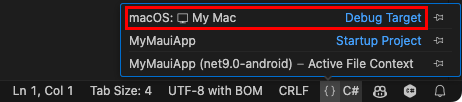 Visual Studio Code'da macOS olarak ayarlanmış hata ayıklama hedefinin ekran görüntüsü.